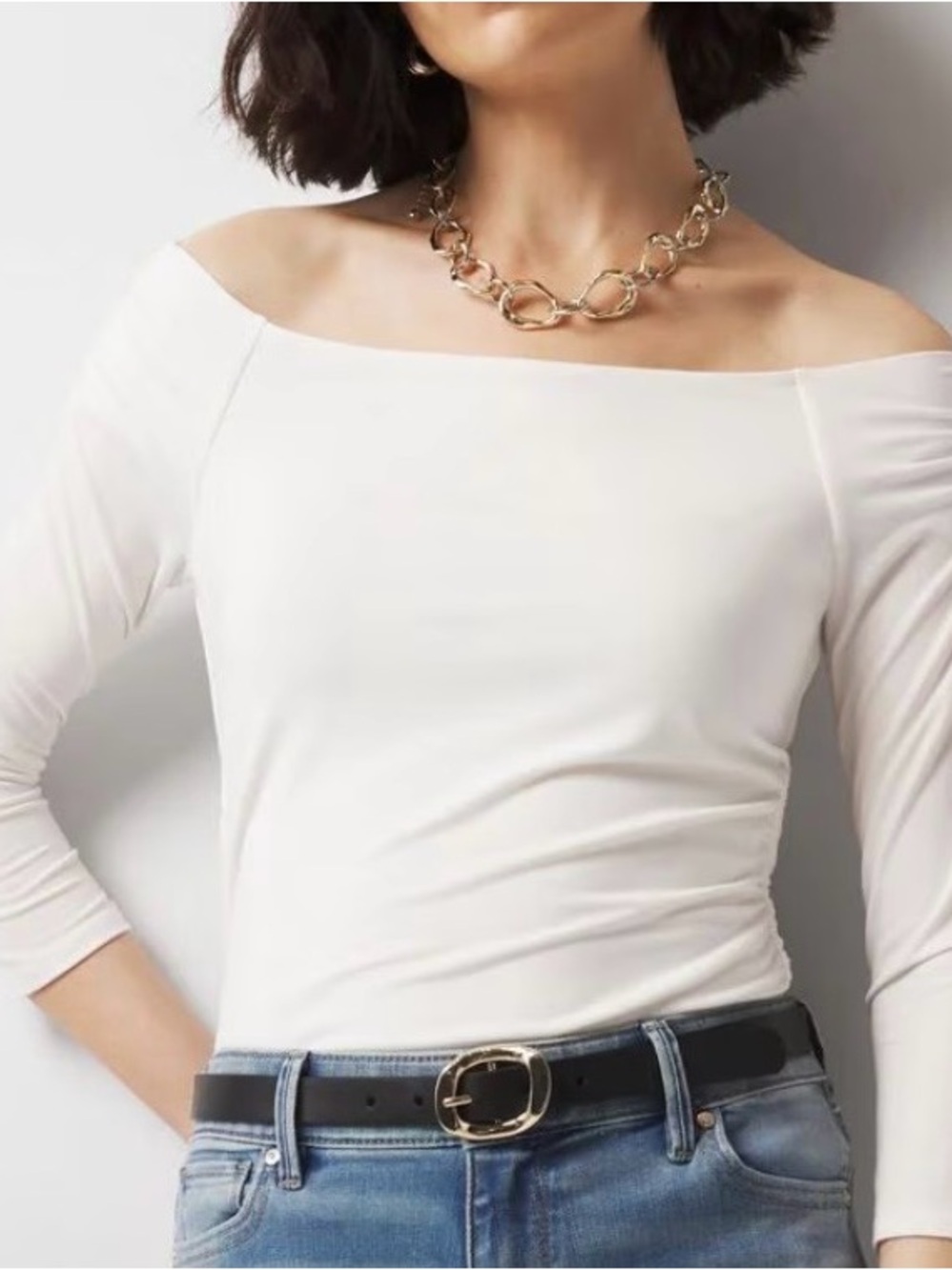 🆕 White House Black Market Off-The-Shoulder Ruched Top.  Ecru. Size L. NWT